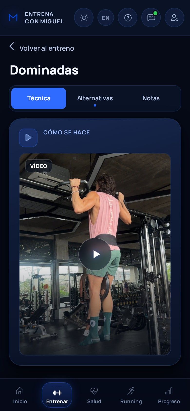 La ficha de las dominadas, con su vídeo y las pestañas de técnica, alternativas y notas