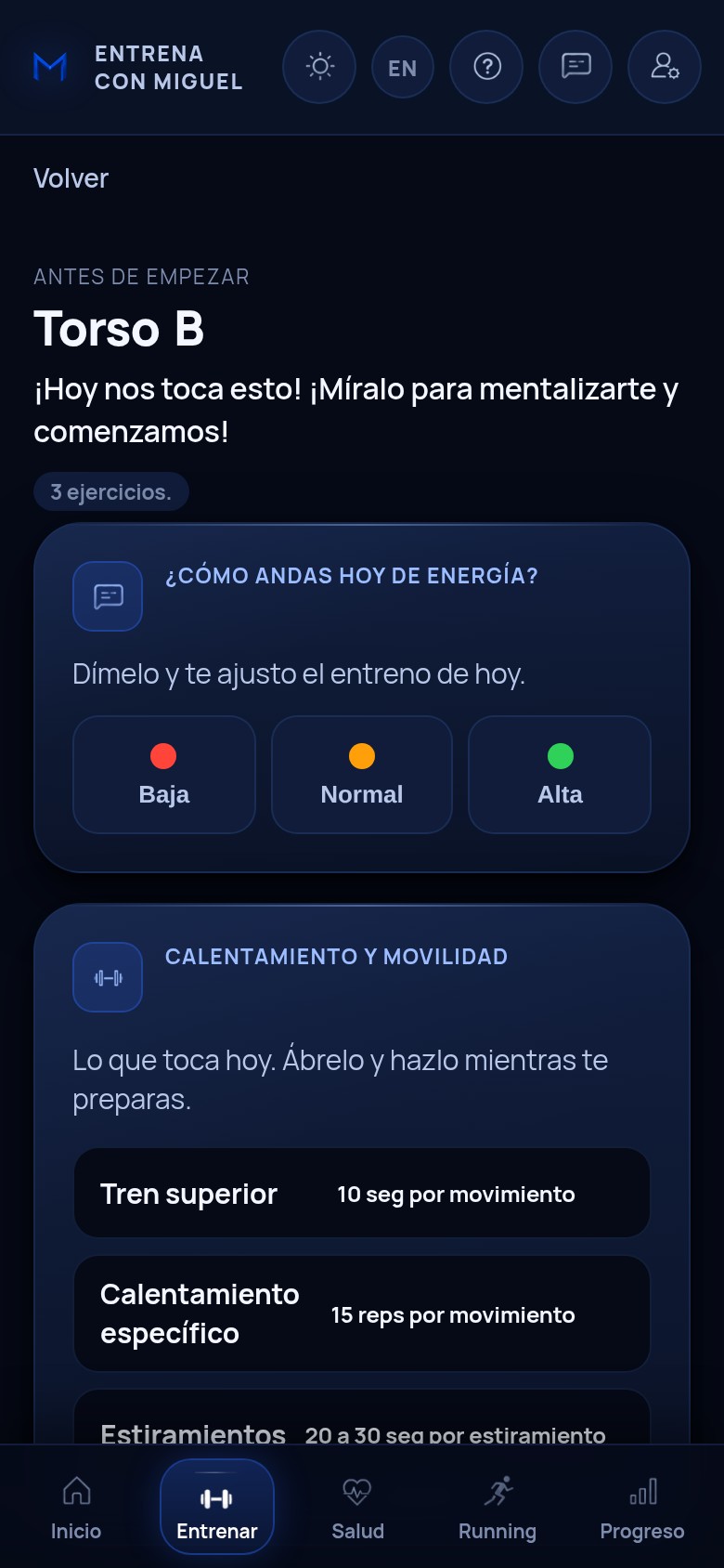 La pantalla de preparación del entreno, con calentamiento y estiramientos