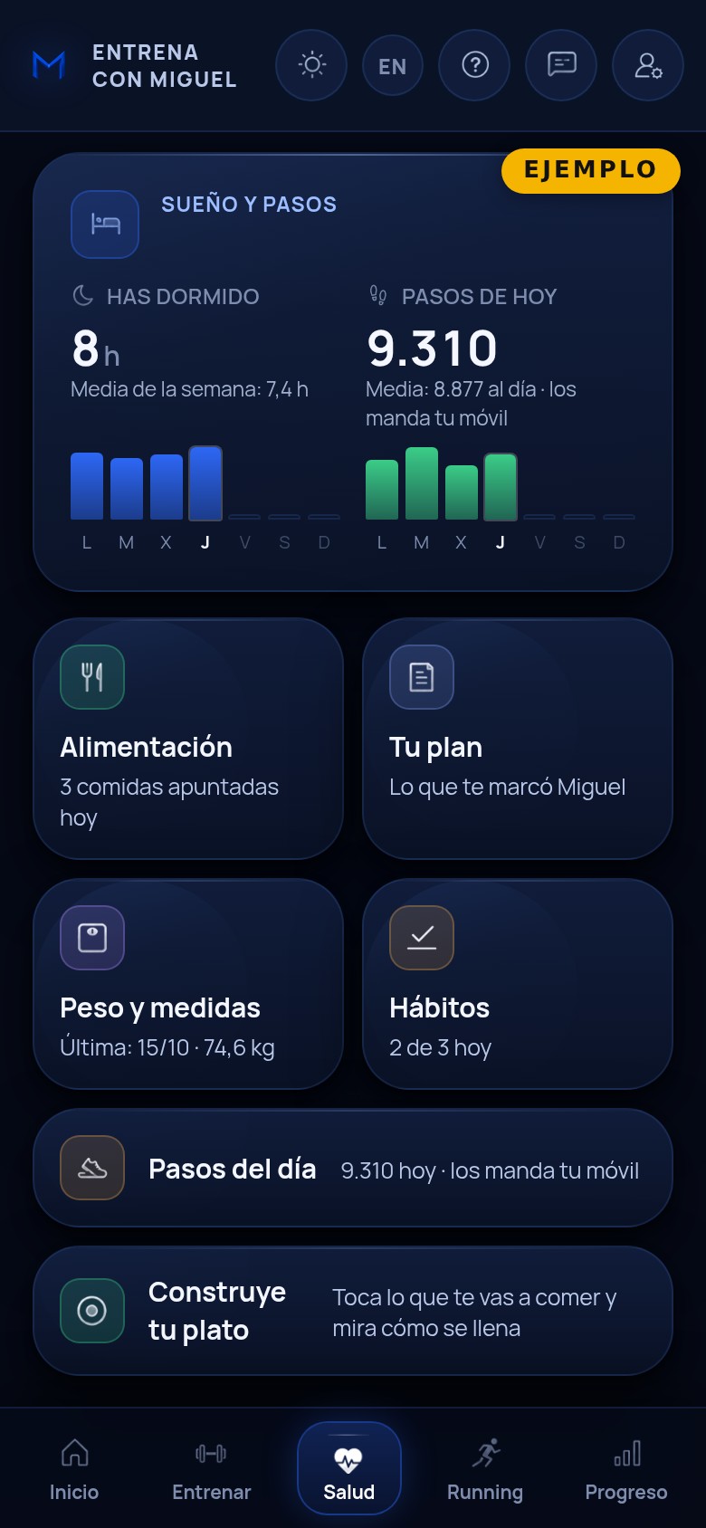La pantalla de salud, con el peso, el descanso y los pasos del día