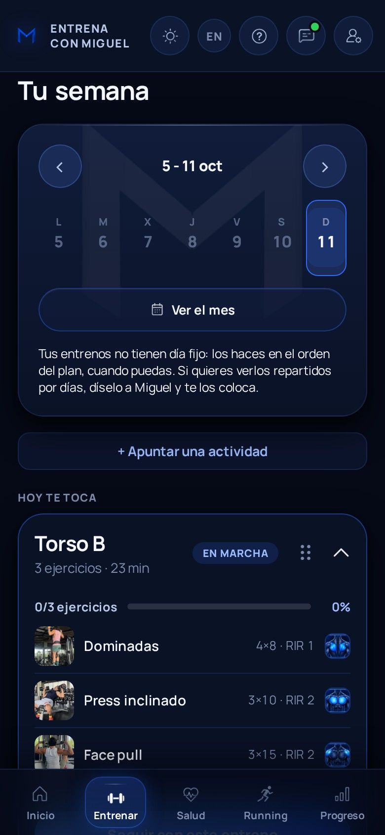 La semana en la app, con el entreno de hoy y sus ejercicios