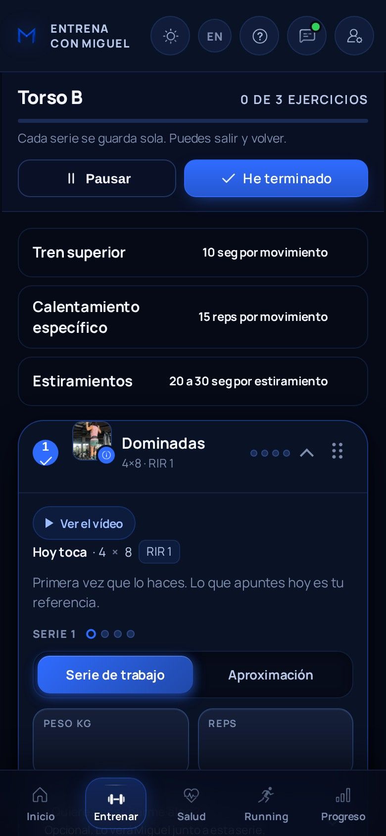 Registro del entreno, con el peso y las repeticiones de cada serie