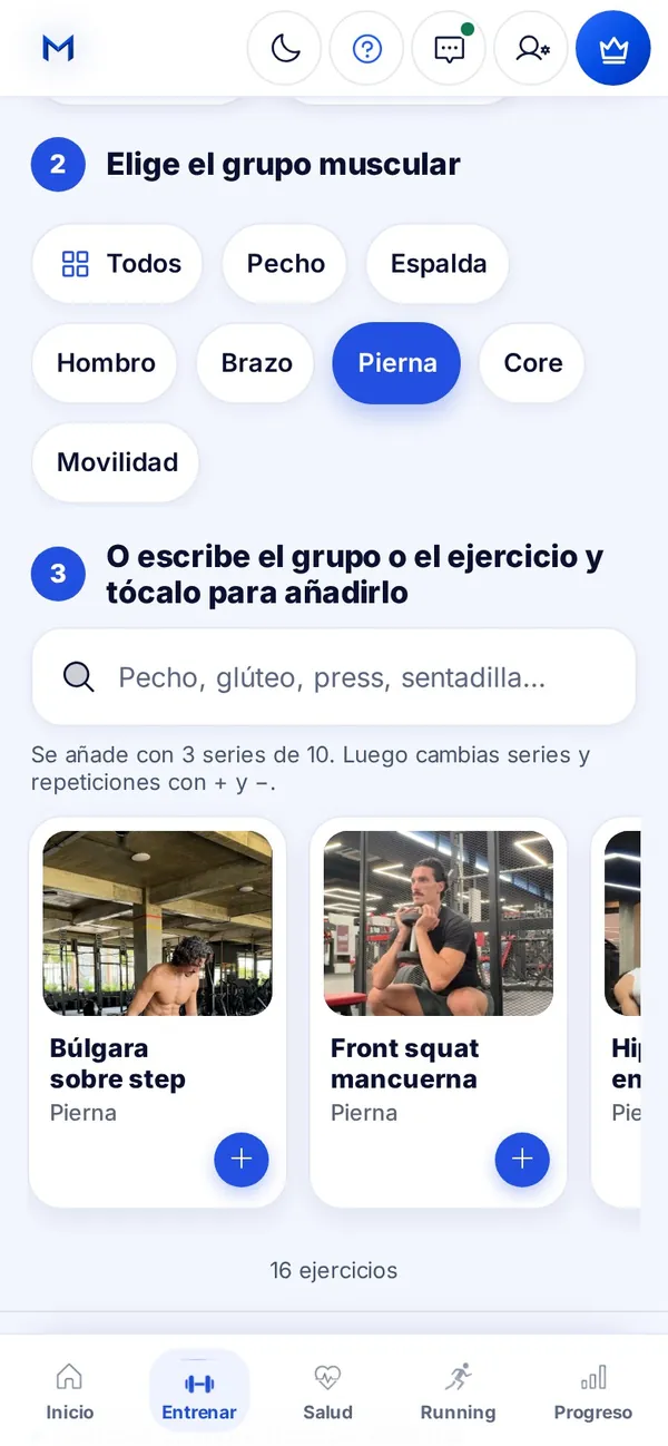 Crear tu entreno: elegir grupo muscular y ejercicios con foto