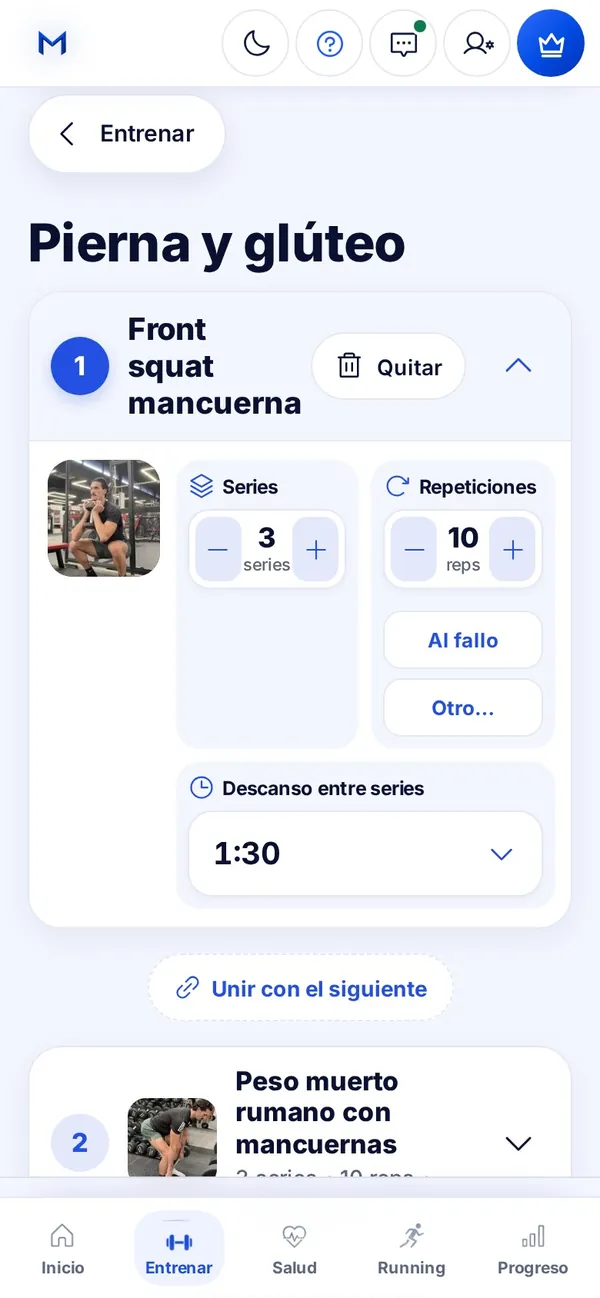 Día creado con sus ejercicios, series, repeticiones y descanso
