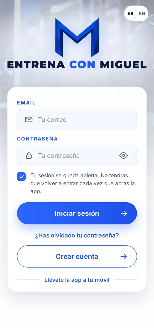 Pantalla de inicio de sesión de la app con la M de EntrenaConMiguel