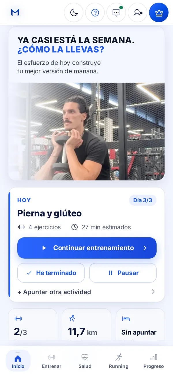 Pantalla de Inicio de la app con el entreno de hoy y la semana