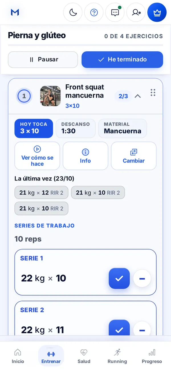 Registro de series con el peso y las repeticiones