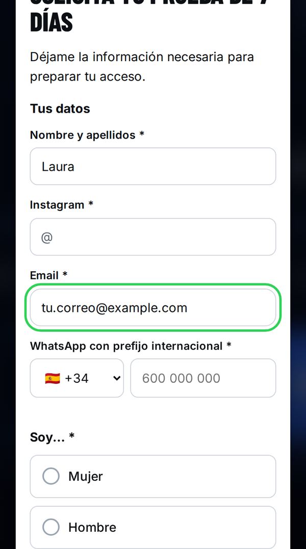 Paso 1: Rellena el formulario con tu correo