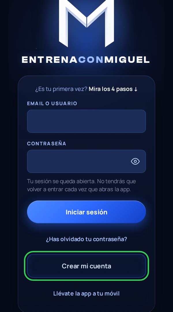 Paso 2: Abre la app y pulsa «Crear mi cuenta»